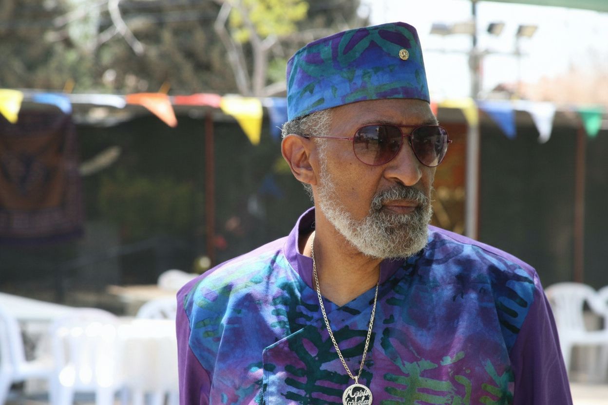 Elder man in blue batik shirt and sunglasses — wisdom and dignity in Dimona