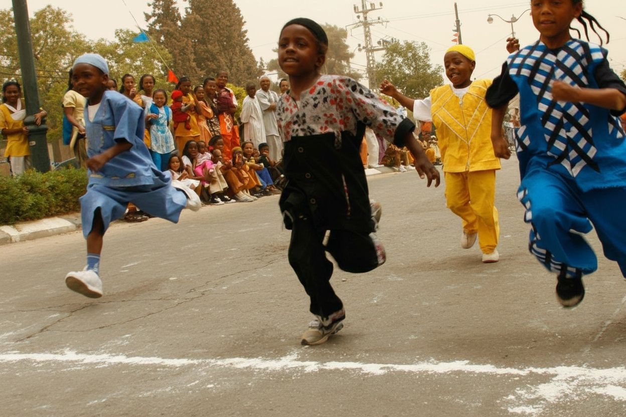 Children racing along a village street — carefree youth in Dimona