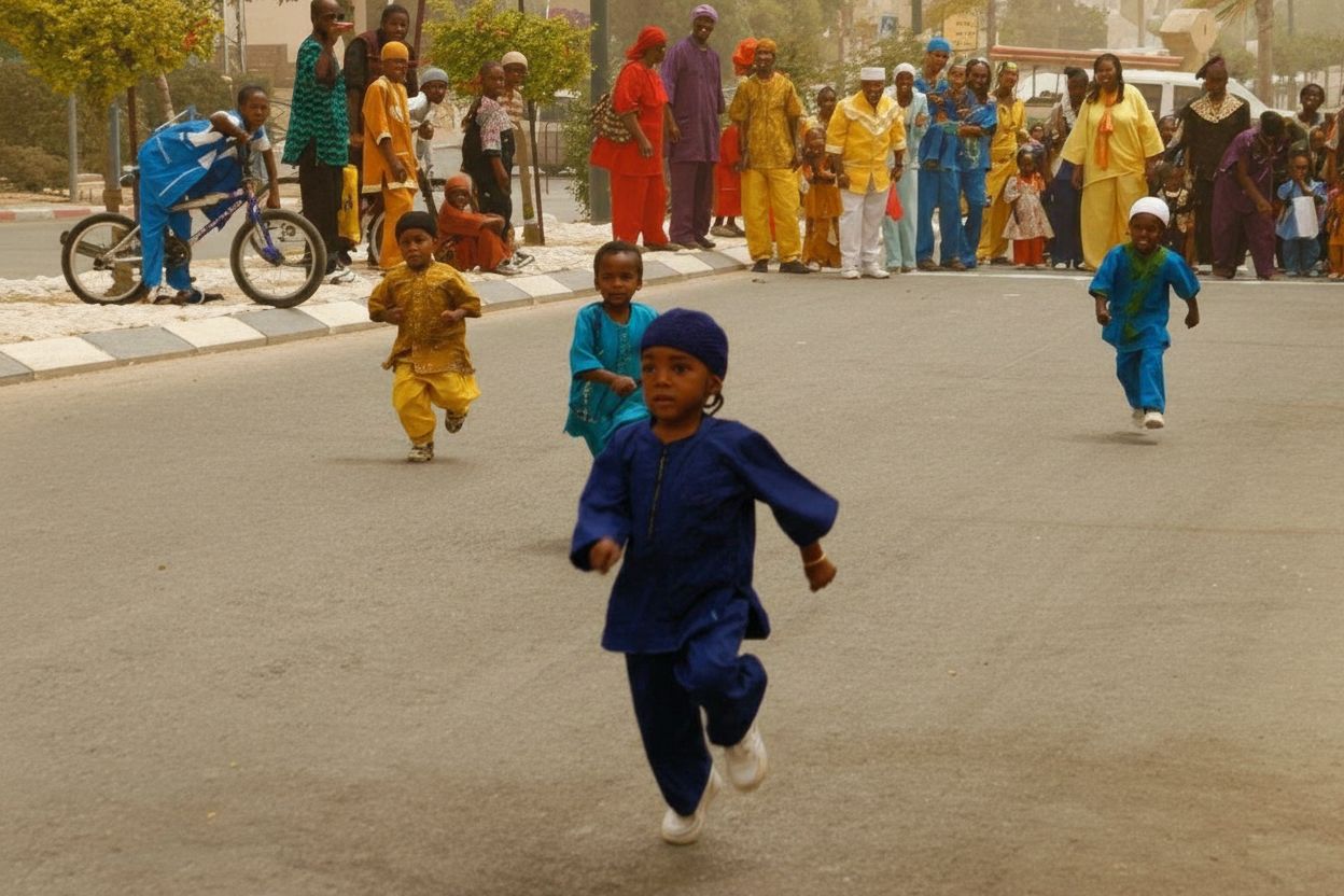 Boys racing down a village street in traditional clothing