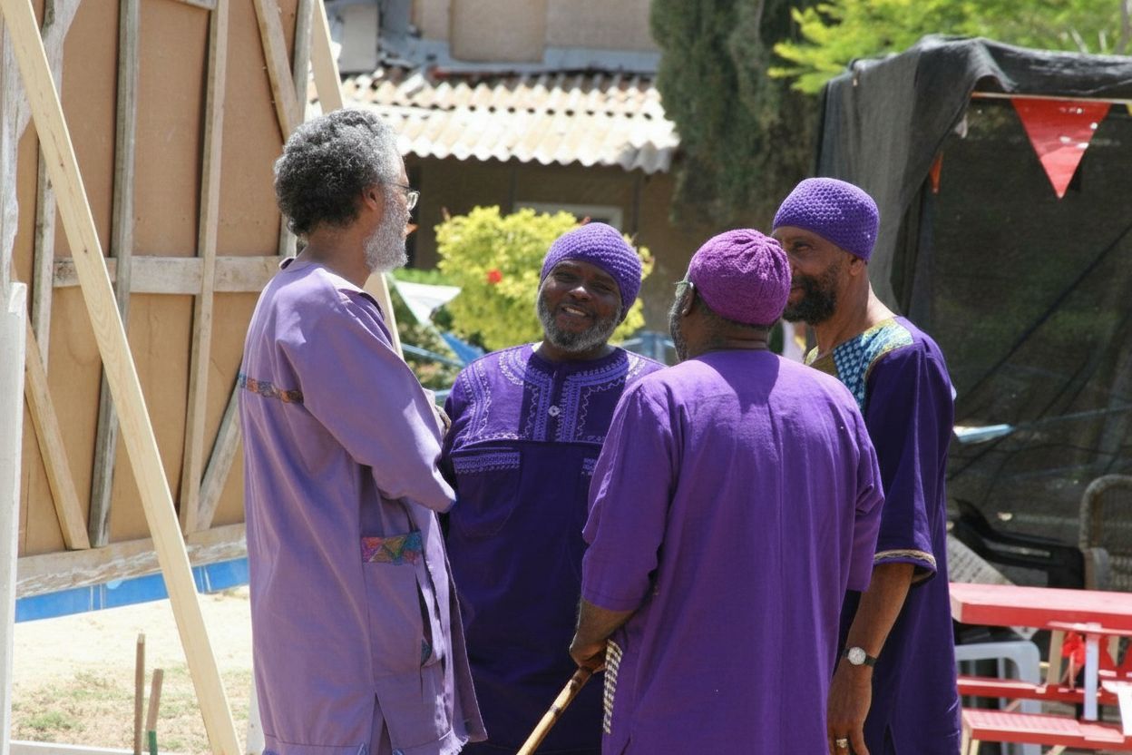 Three men in purple garments in deep conversation at a community gathering