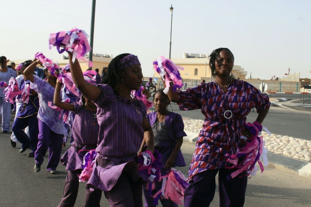 Women dancing joyfully with purple pompoms during a community performance