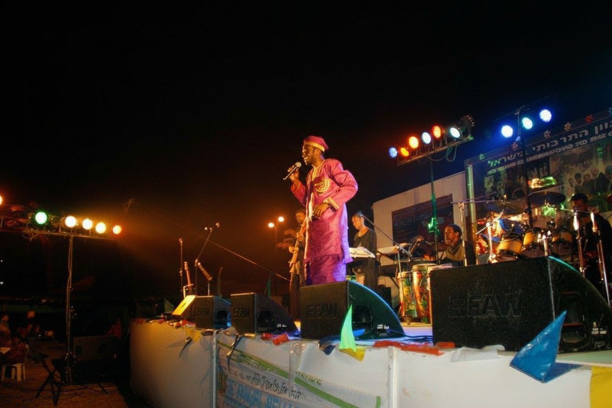 Solo singer performing on stage under night lights — soul and spirit in Dimona