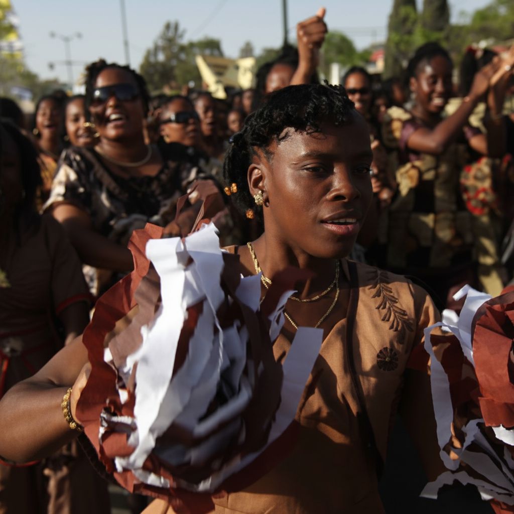 Young women dancing in earth-tone outfits at a community celebration