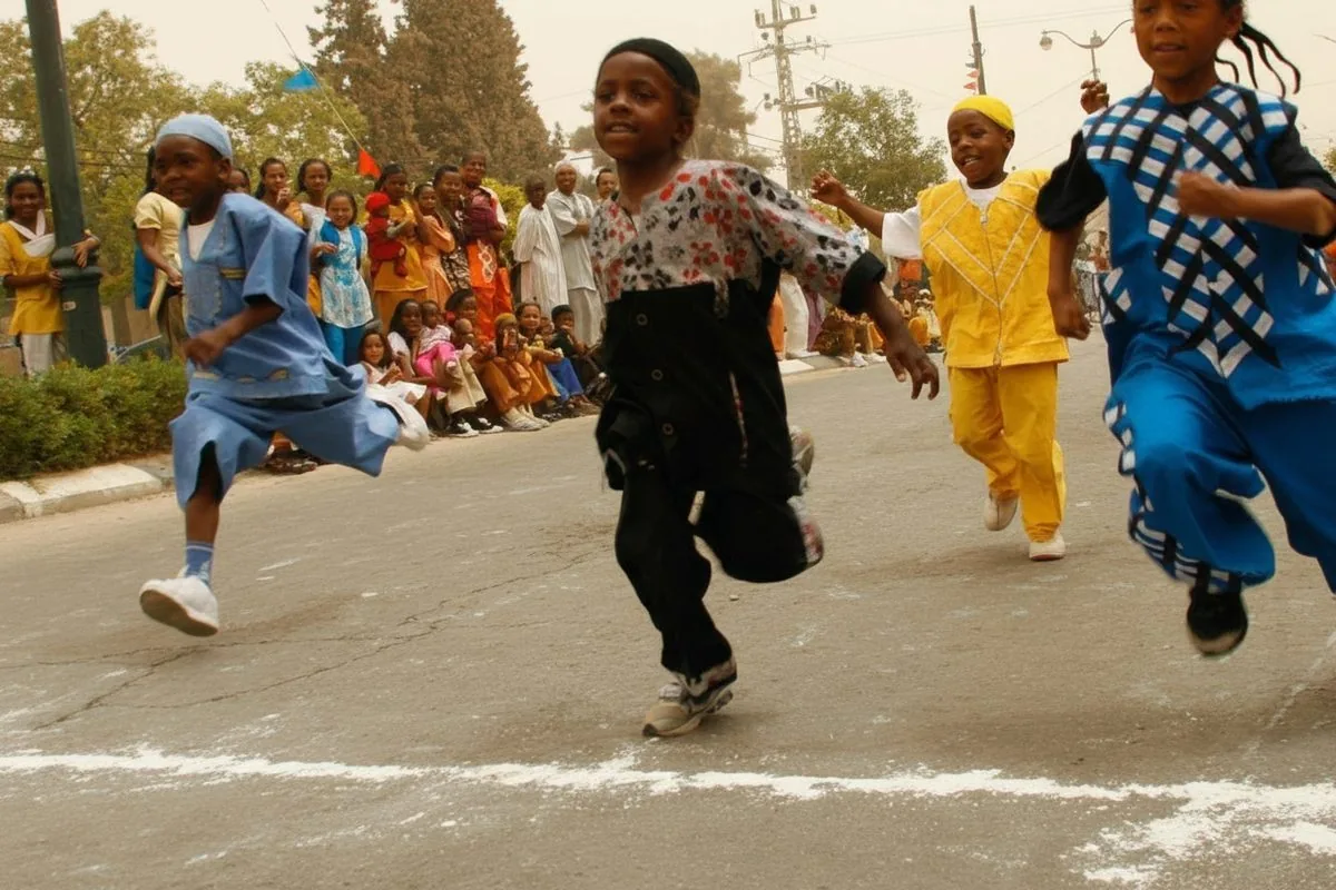 Children racing along a village street, carefree youth in Dimona