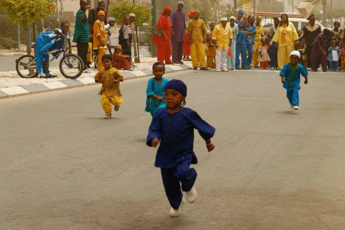 Boys racing down a village street in traditional clothing