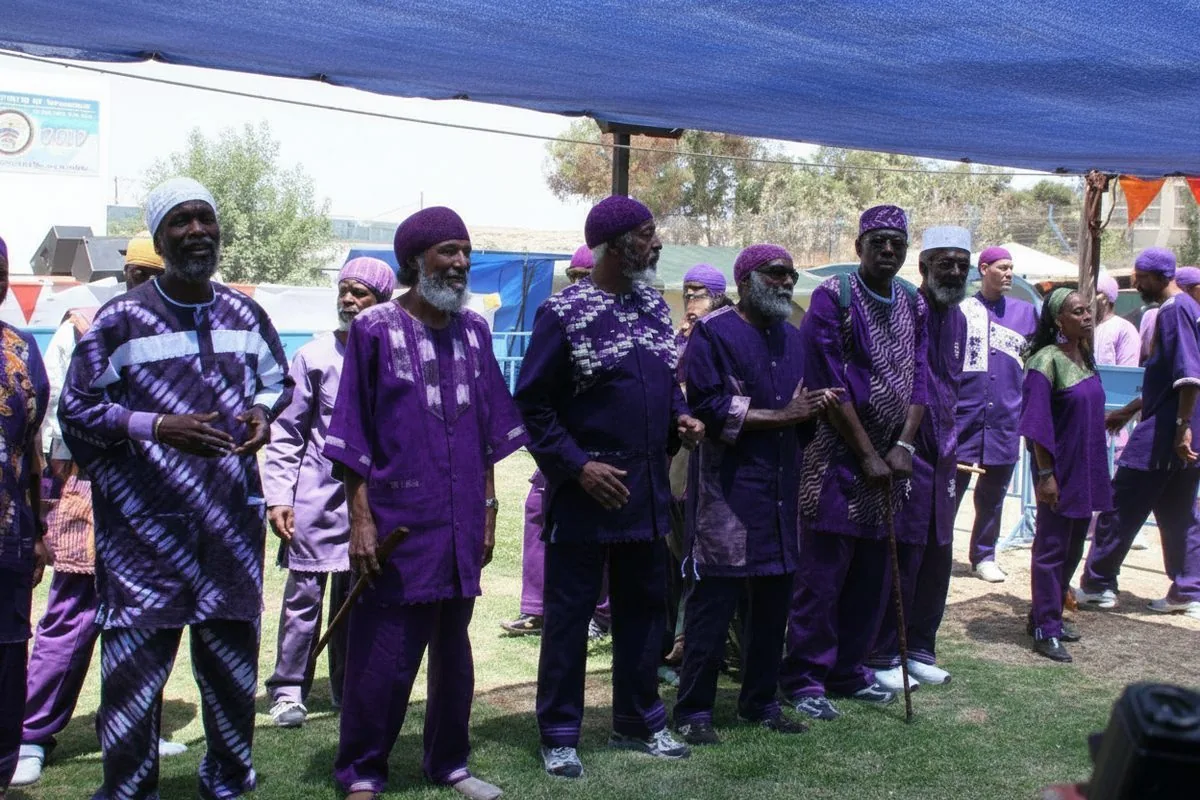 Elders standing together under a tent in purple garments at a community event