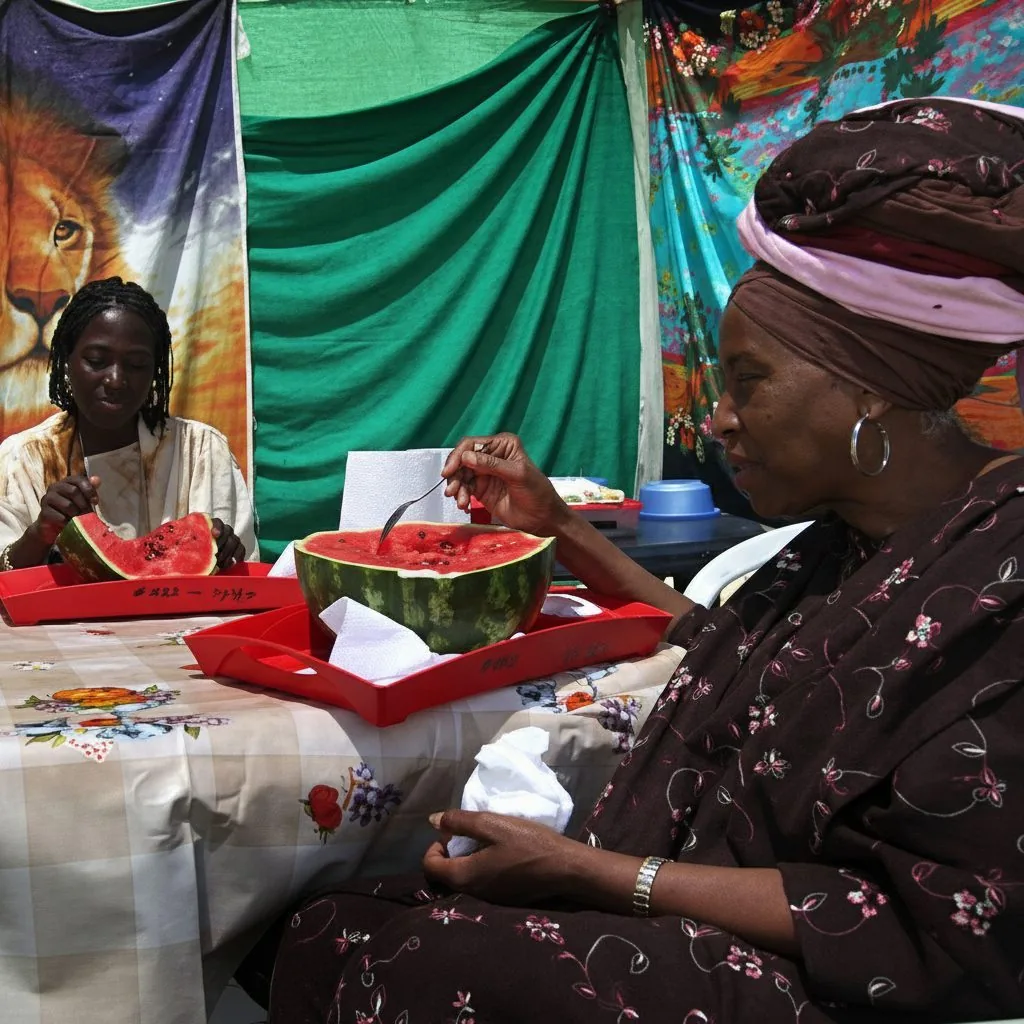 Women sharing watermelon in front of a lion tapestry, community fellowship